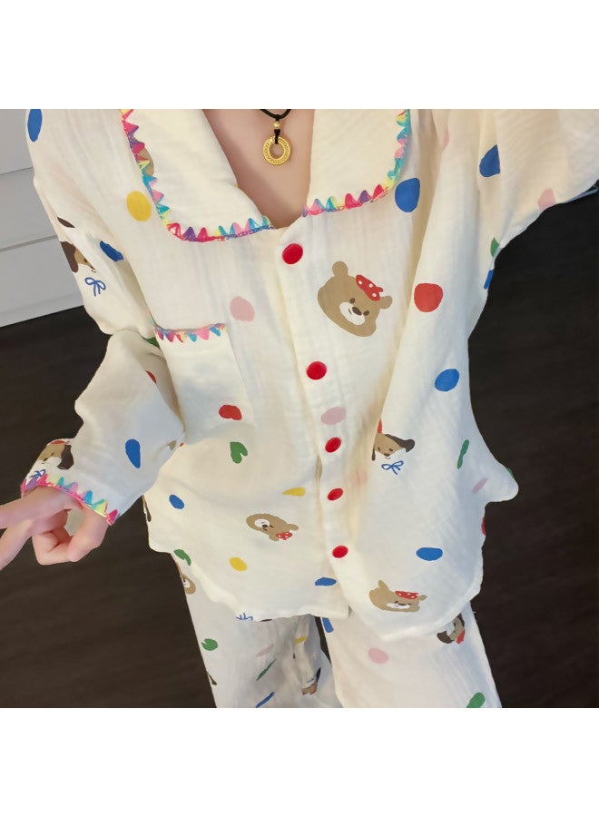 PLANDOO Colorful Polka Dot Bear Long Sleeve Pajamas For Women, Spring/autumn Contrast Color, Cute And Sweet, Skin-friendly, Can Be Worn Out, Homewear Set - Image 3