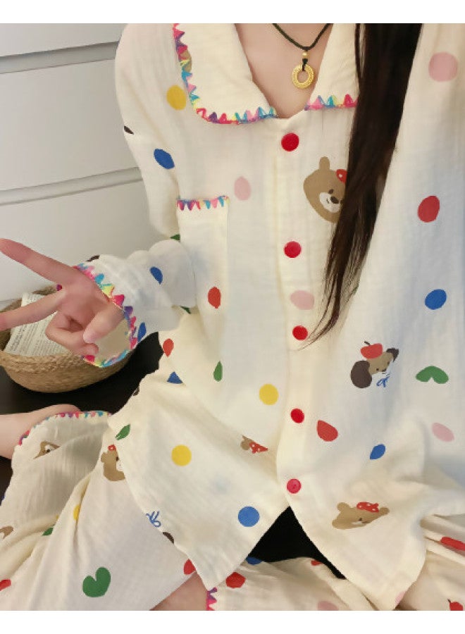 PLANDOO Colorful Polka Dot Bear Long Sleeve Pajamas For Women, Spring/autumn Contrast Color, Cute And Sweet, Skin-friendly, Can Be Worn Out, Homewear Set - Image 1
