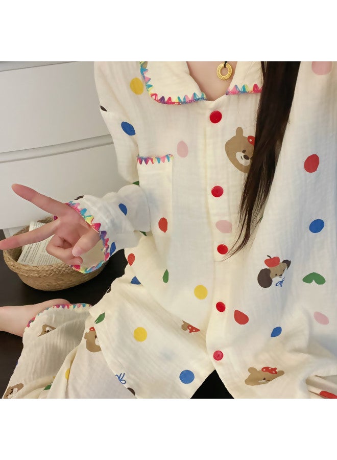 PLANDOO Colorful Polka Dot Bear Long Sleeve Pajamas For Women, Spring/autumn Contrast Color, Cute And Sweet, Skin-friendly, Can Be Worn Out, Homewear Set - Image 2