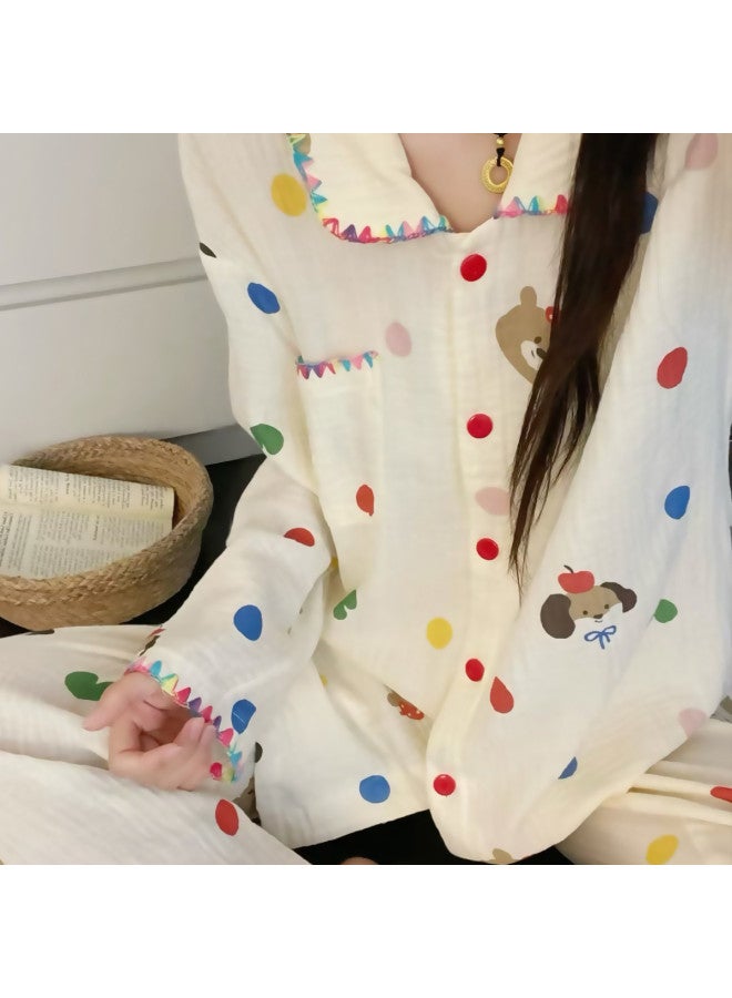 PLANDOO Colorful Polka Dot Bear Long Sleeve Pajamas For Women, Spring/autumn Contrast Color, Cute And Sweet, Skin-friendly, Can Be Worn Out, Homewear Set - Image 4