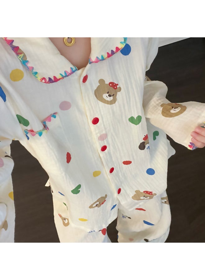 PLANDOO Colorful Polka Dot Bear Long Sleeve Pajamas For Women, Spring/autumn Contrast Color, Cute And Sweet, Skin-friendly, Can Be Worn Out, Homewear Set - Image 5