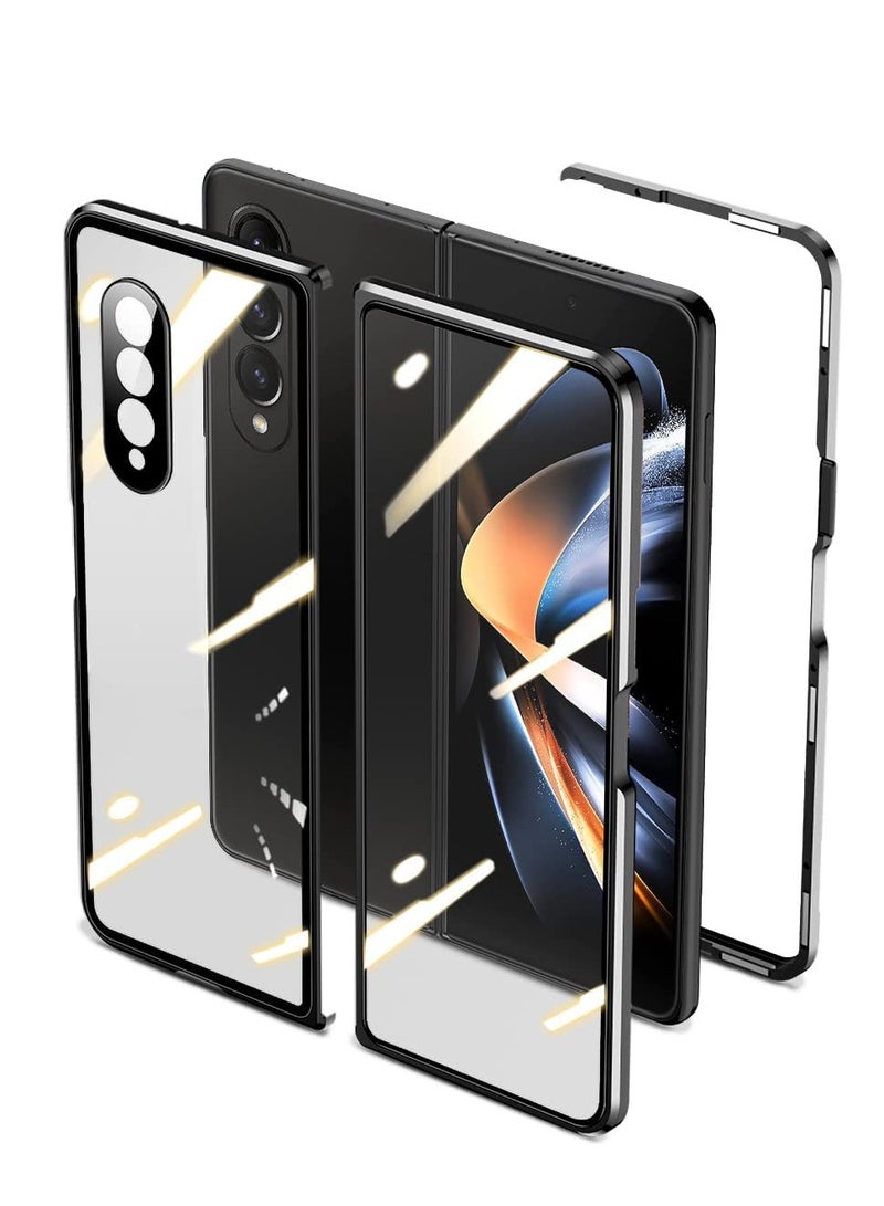 Excefore Case Compatible with Samsung Galaxy Z Fold 4, Magnetic Thin Body Metal Frame Double Sided Clear Tempered Glass Shockproof with Lens Camera Protector Cover (Black) - Image 1