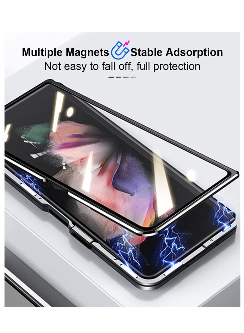 Excefore Case Compatible with Samsung Galaxy Z Fold 4, Magnetic Thin Body Metal Frame Double Sided Clear Tempered Glass Shockproof with Lens Camera Protector Cover (Black) - Image 3