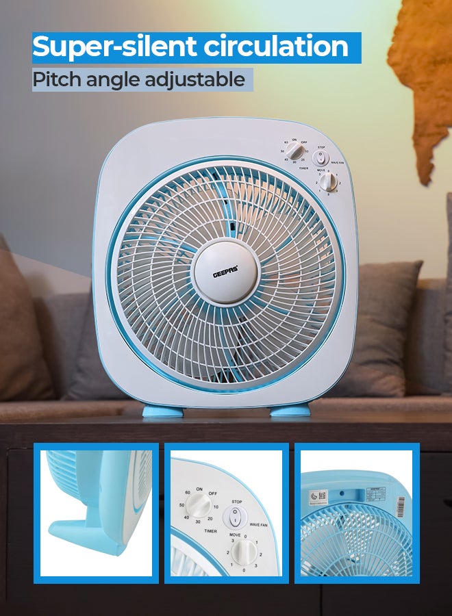 GEEPAS 12 Inch High Performance Box Fan With 3-speed Controls and 5 Leaf Blades, Adjustable Pitch Angle and Timer for Efficient Cooling GF926 Blue/White - Image 4