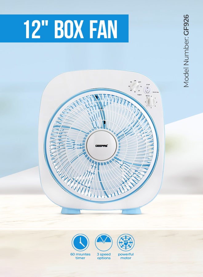 GEEPAS 12 Inch High Performance Box Fan With 3-speed Controls and 5 Leaf Blades, Adjustable Pitch Angle and Timer for Efficient Cooling GF926 Blue/White - Image 2