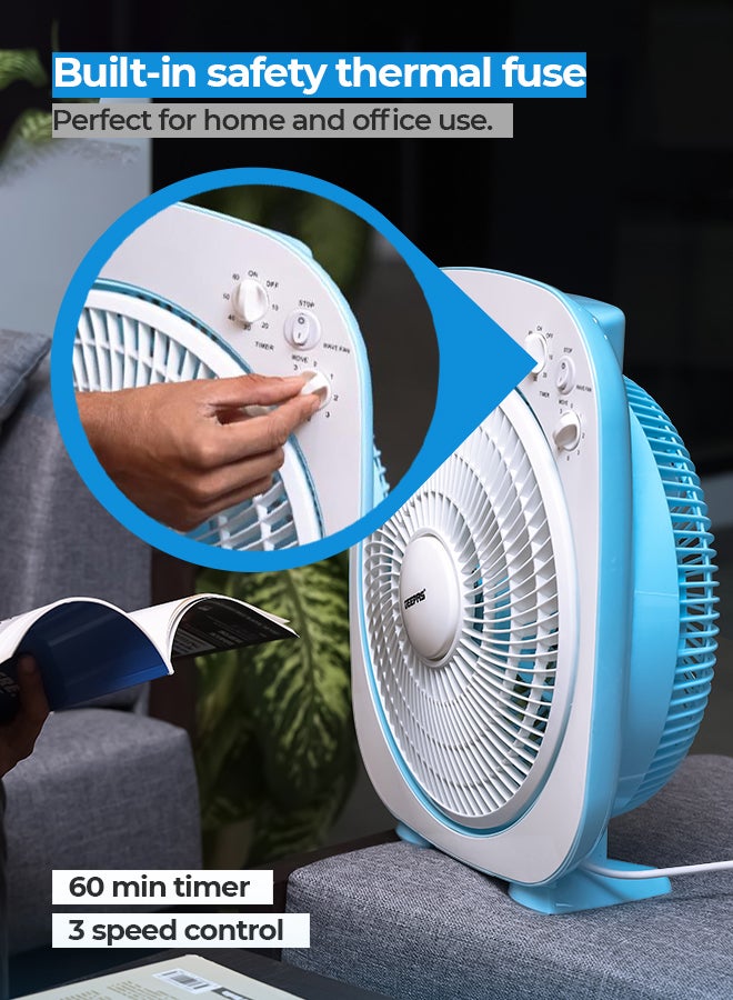GEEPAS 12 Inch High Performance Box Fan With 3-speed Controls and 5 Leaf Blades, Adjustable Pitch Angle and Timer for Efficient Cooling GF926 Blue/White - Image 5