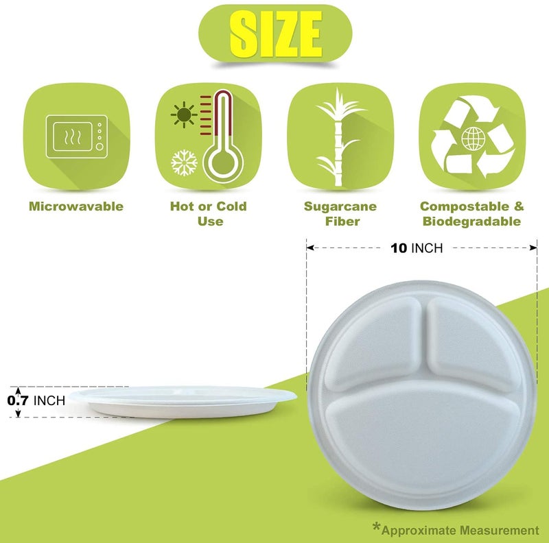 SANWALSA [10 inch, 3-Compartment, 15 Count, Round, White Disposable Bagasse Paper Plates | Eco-Friendly Sugarcane Plates for Wedding, Party, Picnic - Image 5