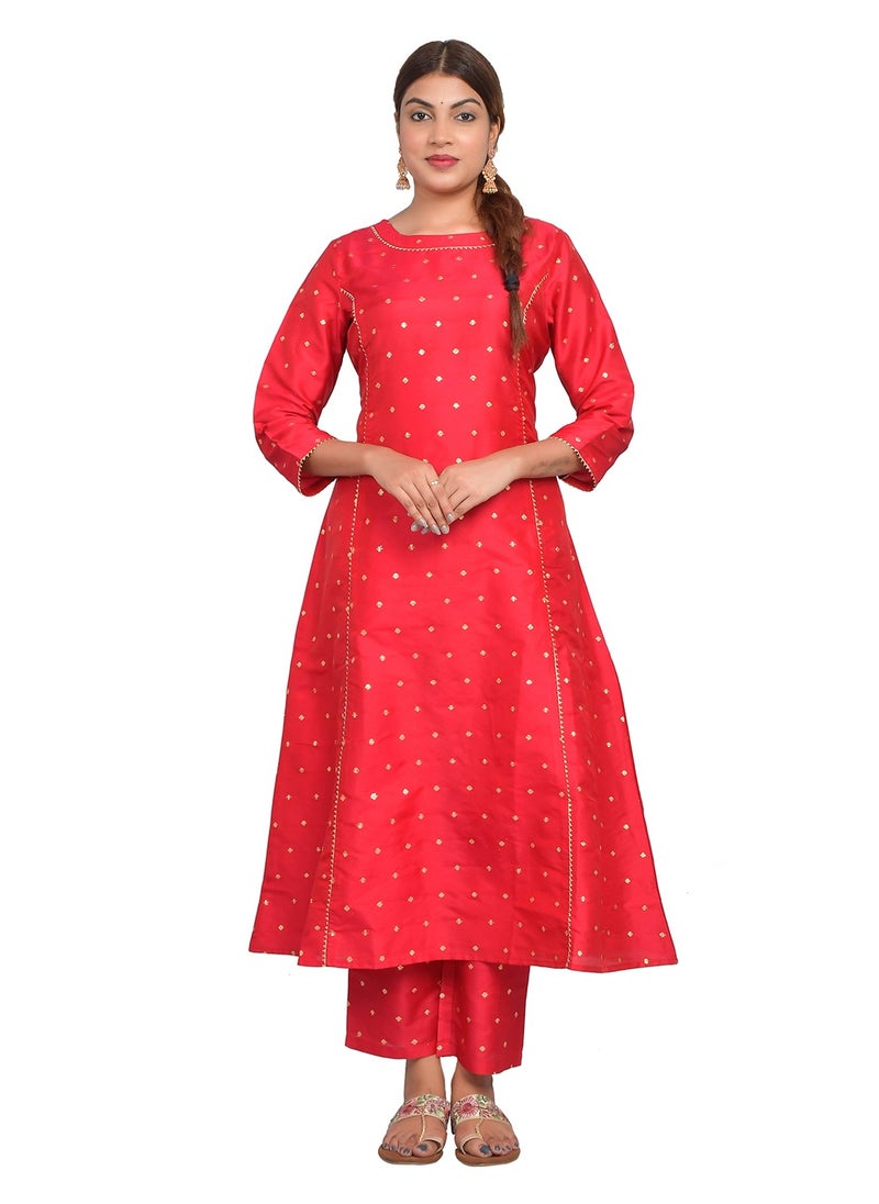 Riara - Women Bright Red Kurta Pant Set Summer Suit Solid Colour Flared Kurti with Pant Casual Kurta Set for Girls Art Silk (Taffeta Booty) Size L - Image 1