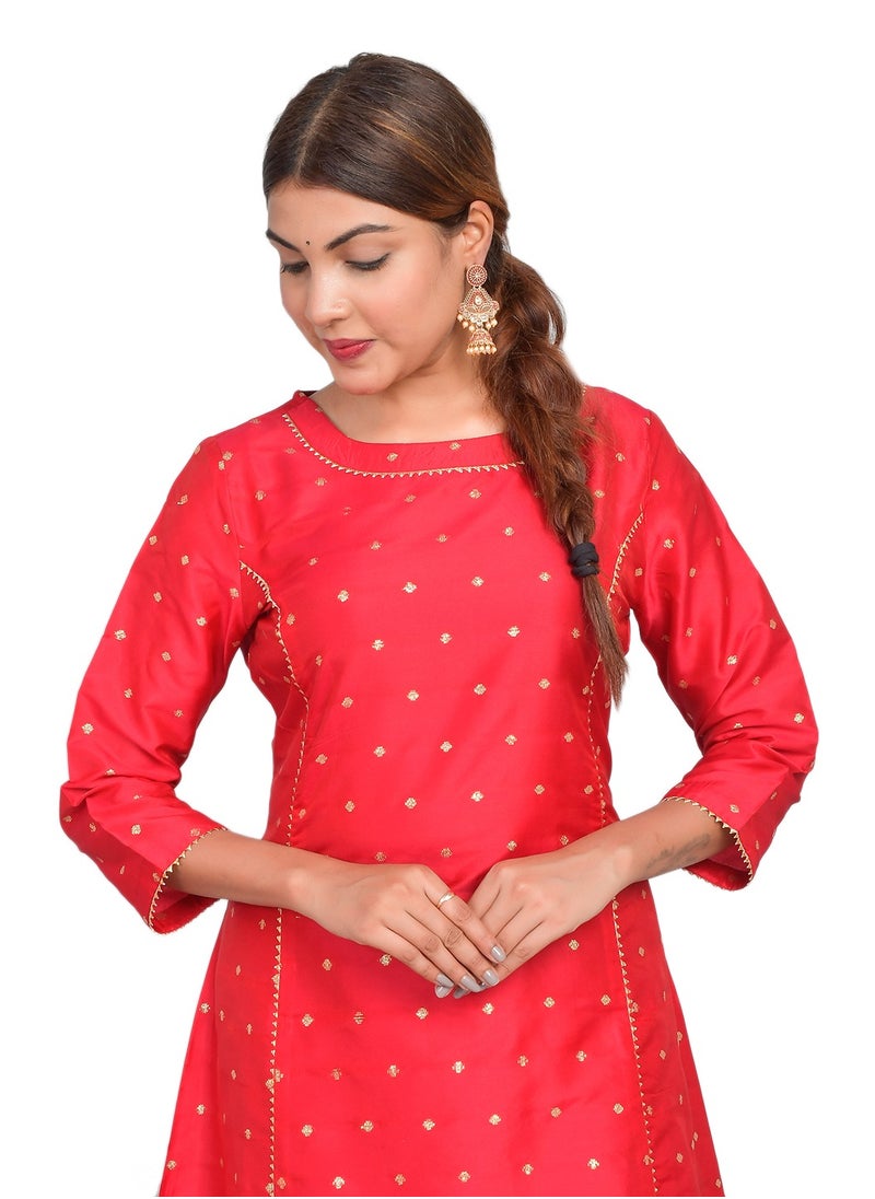 Riara - Women Bright Red Kurta Pant Set Summer Suit Solid Colour Flared Kurti with Pant Casual Kurta Set for Girls Art Silk (Taffeta Booty) Size L - Image 1