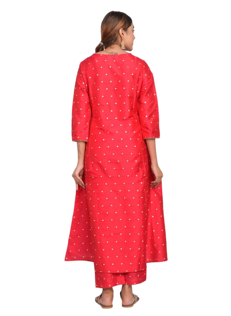 Riara - Women Bright Red Kurta Pant Set Summer Suit Solid Colour Flared Kurti with Pant Casual Kurta Set for Girls Art Silk (Taffeta Booty) Size L - Image 1