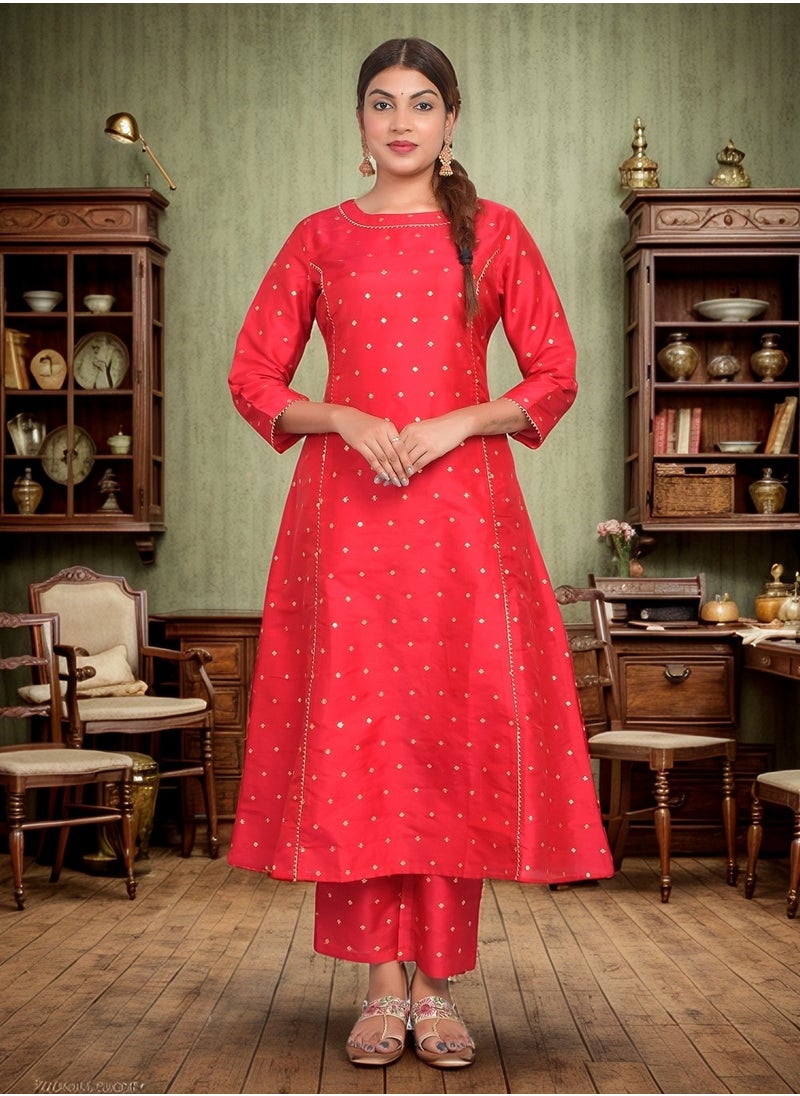 Riara - Women Bright Red Kurta Pant Set Summer Suit Solid Colour Flared Kurti with Pant Casual Kurta Set for Girls Art Silk (Taffeta Booty) Size L - Image 1