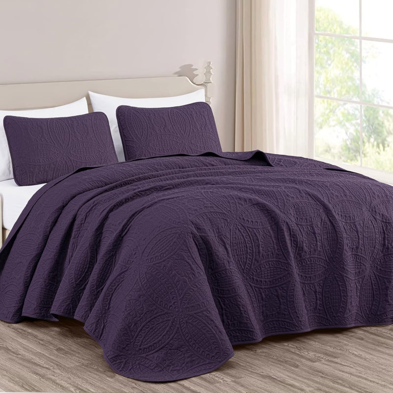 Chezmoi Collection Chezmoi Collection Austin 3Piece Oversized Bedspread Coverlet Set King Purple 