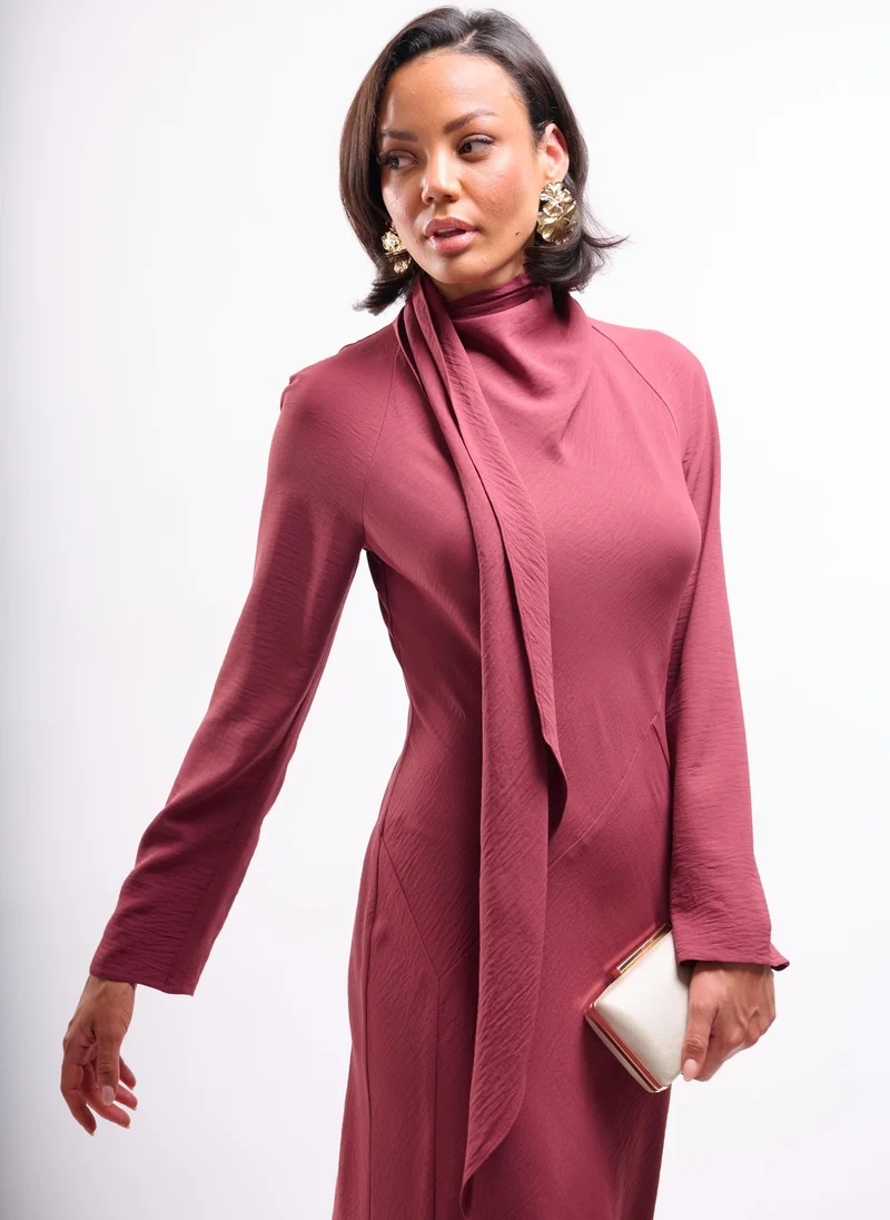 Faia rose red Long Sleeve Maxi Dress with Scarf Detail in Plum for Women | Best Price UAE