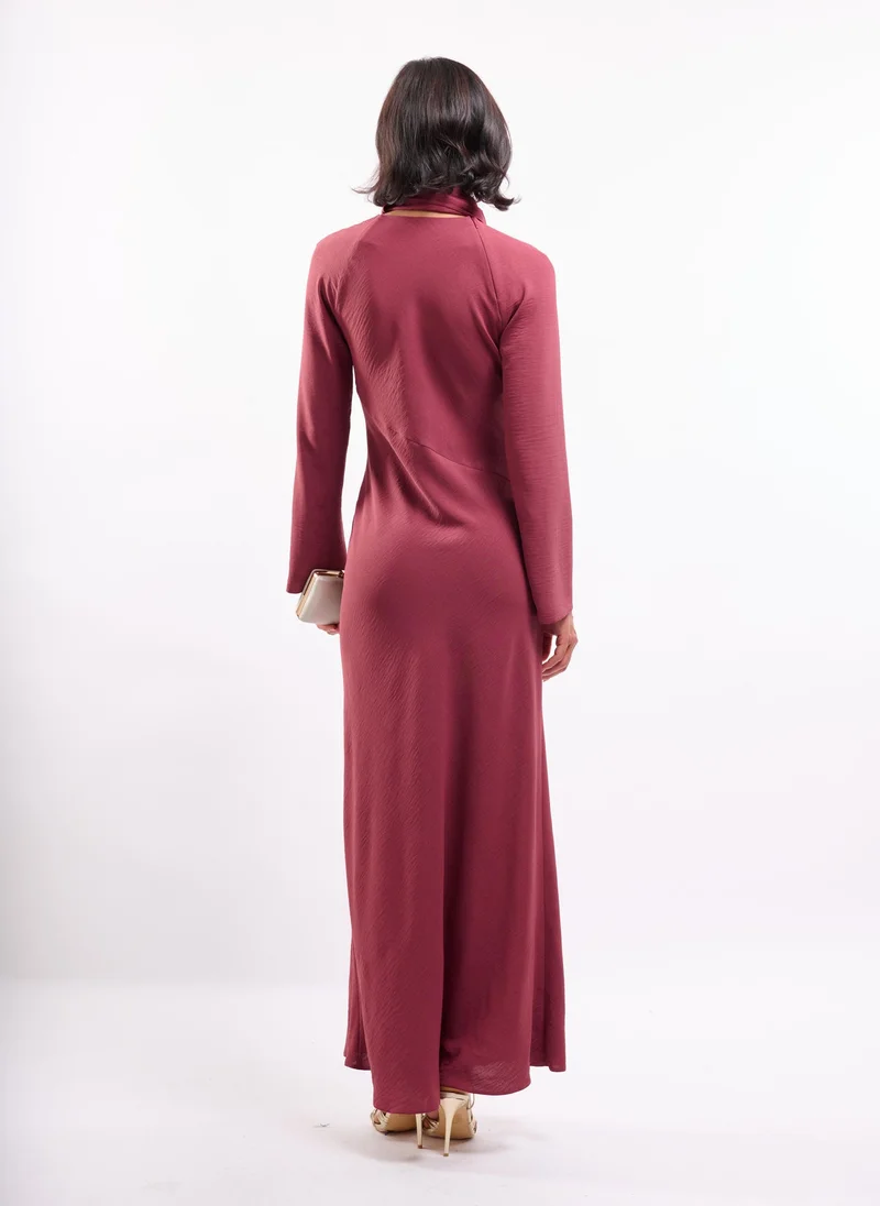 Faia rose red Long Sleeve Maxi Dress with Scarf Detail in Plum for Women | Best Price UAE
