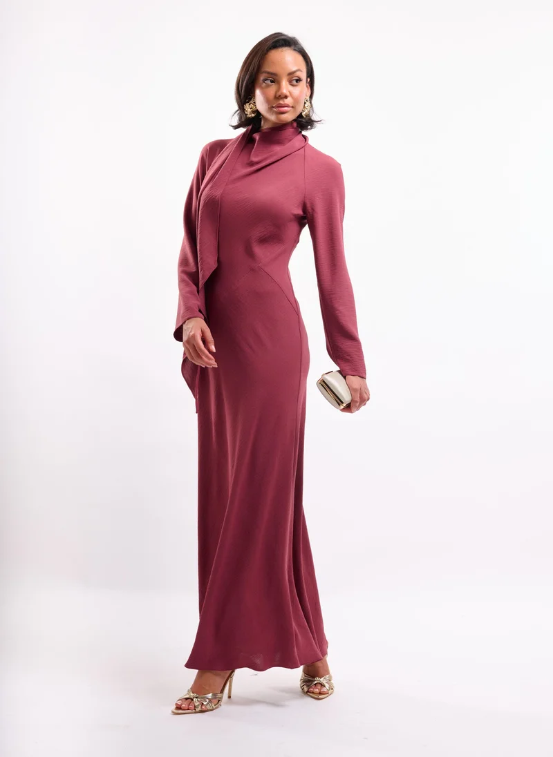 Faia rose red Long Sleeve Maxi Dress with Scarf Detail in Plum for Women | Best Price UAE