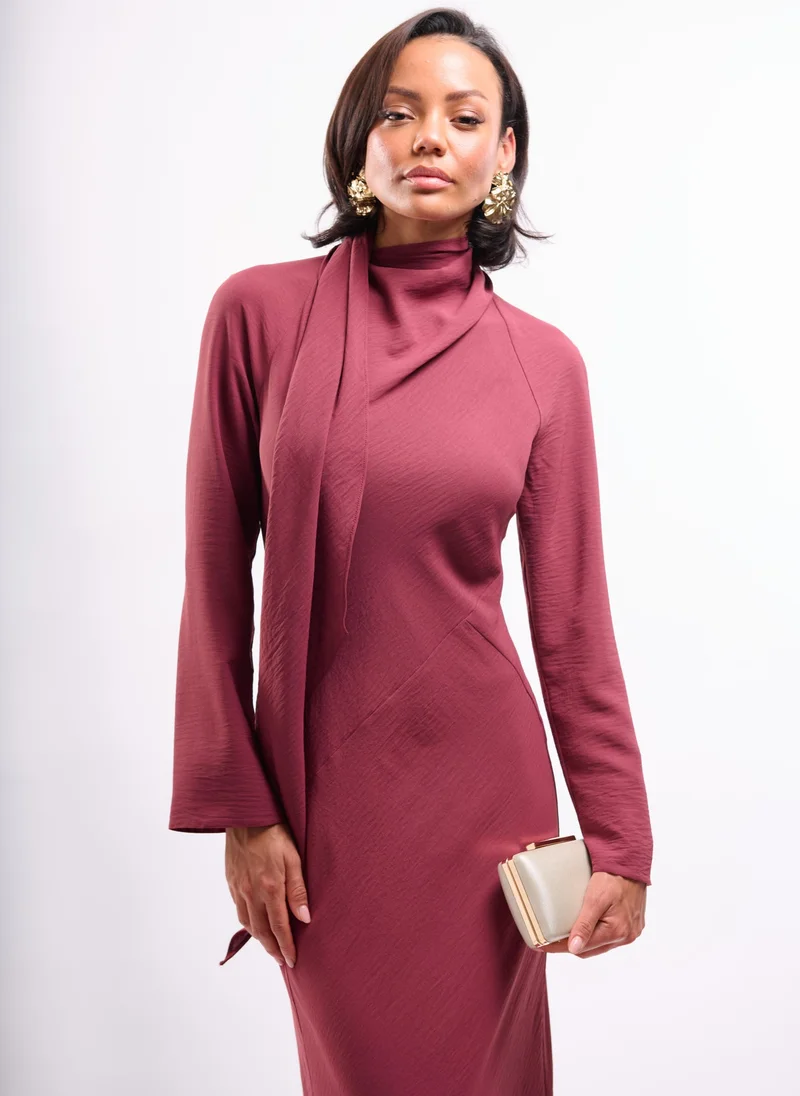Faia rose red Long Sleeve Maxi Dress with Scarf Detail in Plum for Women | Best Price UAE