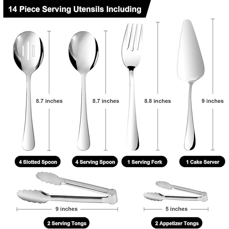 Gisly 14PCS Serving Utensils - Hostess Serving Utensils Set, Premium Stainless Steel 8.7 inch Serving Utensils, Slotted Spoons, Forks, Tongs, Cake Pie Server for Buffet, Wedding, Dinner (Silver) - Image 2