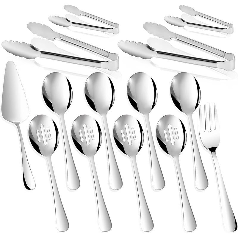 Gisly 14PCS Serving Utensils - Hostess Serving Utensils Set, Premium Stainless Steel 8.7 inch Serving Utensils, Slotted Spoons, Forks, Tongs, Cake Pie Server for Buffet, Wedding, Dinner (Silver) - Image 1