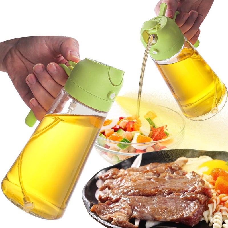 Ramkuwar 450ml Borosilicate Glass Olive Oil Bottle 2in1 Oil Dispenser and Sprayer Dual Functionality Switch Controlled Smart Lid Enhanced Nozzle Power Used for Air Fryer Baking Grilling Green