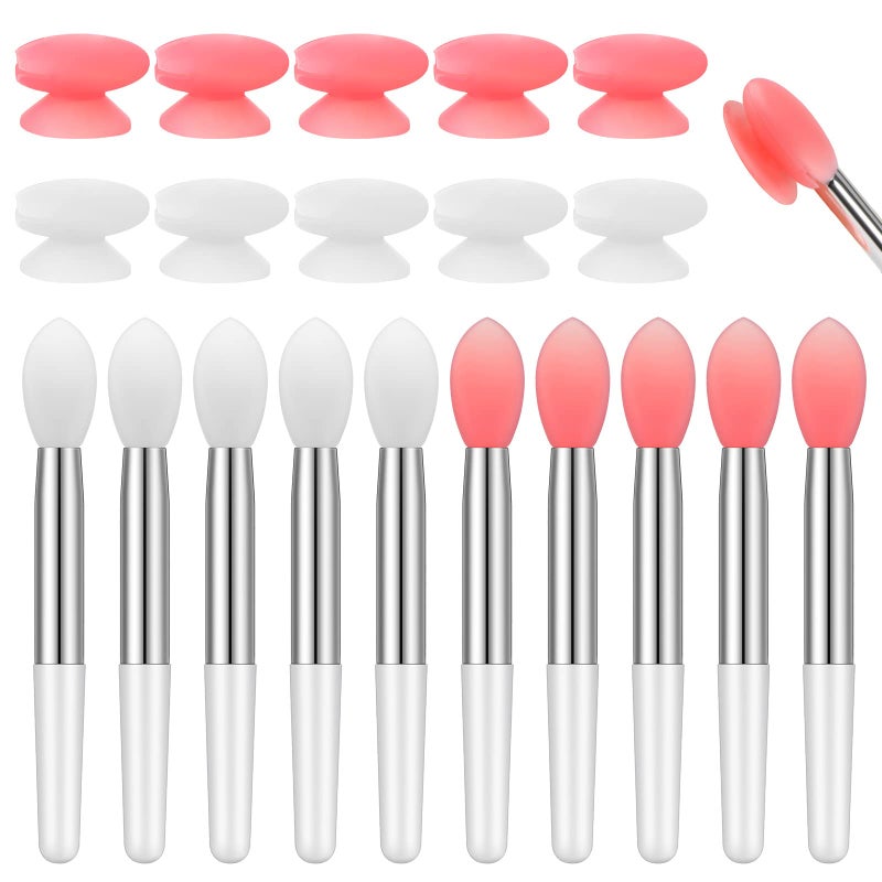 Newtay 20 Pcs Silicone Lip Brush Covers and Brushes for Lip Sticks Gloss Balm and Other Cream Makeup ProductsPink White