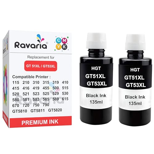 Ravaria Refill Ink for HP GT51XL/53XL GT 52 for HP Ink Tank 115, 310, 315, 319, 410, 415, 416, 419, 455, 500, 515, 530, 615, 750, 790, 670, GT5810, GT5811, GT5820 (GT51XL Black 2 Pcs) - Image 1