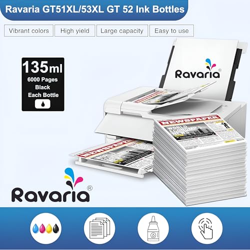 Ravaria Refill Ink for HP GT51XL/53XL GT 52 for HP Ink Tank 115, 310, 315, 319, 410, 415, 416, 419, 455, 500, 515, 530, 615, 750, 790, 670, GT5810, GT5811, GT5820 (GT51XL Black 2 Pcs) - Image 3