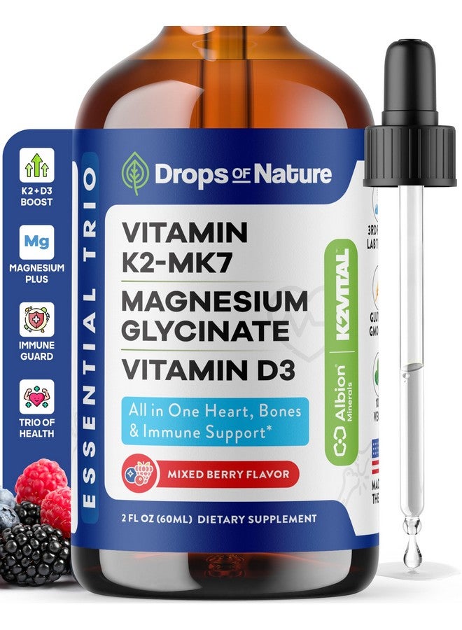 Drops of Nature مكمل مغنيسيوم جليسينات، فيتامين K2 و D3 - نباتي، خالي من الكائنات المعدلة وراثيًا - مكمل فيتامين D MK7 K2 ومزيج المغنيسيوم - مع مغذيات لصحة العظام ووظيفة القلب والأوعية الدموية (توت مختلط، 60 مل) - Image 1