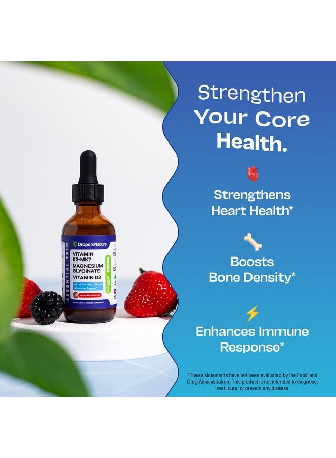 Drops of Nature مكمل مغنيسيوم جليسينات، فيتامين K2 و D3 - نباتي، خالي من الكائنات المعدلة وراثيًا - مكمل فيتامين D MK7 K2 ومزيج المغنيسيوم - مع مغذيات لصحة العظام ووظيفة القلب والأوعية الدموية (توت مختلط، 60 مل) - Image 4