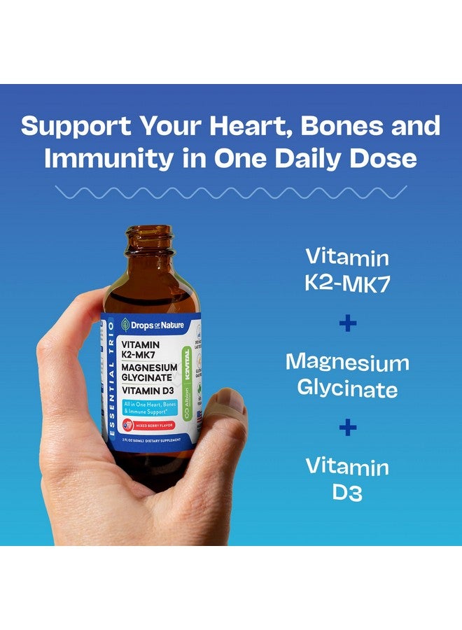 Drops of Nature مكمل مغنيسيوم جليسينات، فيتامين K2 و D3 - نباتي، خالي من الكائنات المعدلة وراثيًا - مكمل فيتامين D MK7 K2 ومزيج المغنيسيوم - مع مغذيات لصحة العظام ووظيفة القلب والأوعية الدموية (توت مختلط، 60 مل) - Image 2