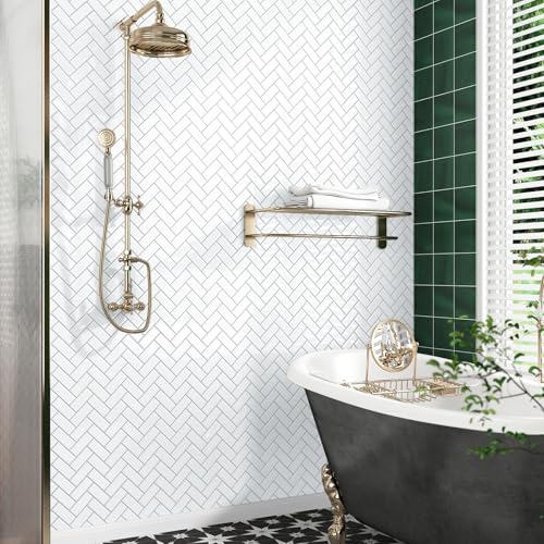 Wallderful Peel and Stick Backsplash Herringbone White 10 Sheet Peel and Stick Shower Tile Waterproof 3D Tile Sticker Glossy Self Adhesive Renter Friendly Backsplash Herringbone for Kitchen Bathroom Laundry Room - Image 1