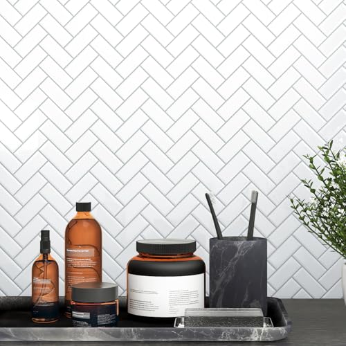 Wallderful Peel and Stick Backsplash Herringbone White 10 Sheet Peel and Stick Shower Tile Waterproof 3D Tile Sticker Glossy Self Adhesive Renter Friendly Backsplash Herringbone for Kitchen Bathroom Laundry Room - Image 3