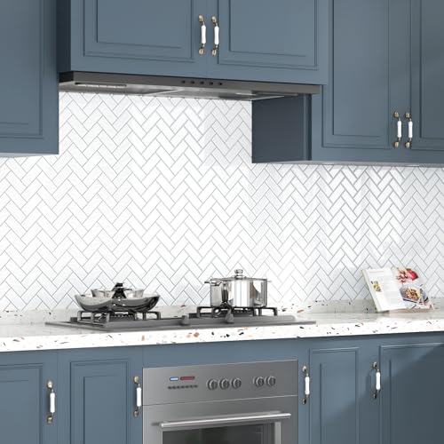 Wallderful Peel and Stick Backsplash Herringbone White 10 Sheet Peel and Stick Shower Tile Waterproof 3D Tile Sticker Glossy Self Adhesive Renter Friendly Backsplash Herringbone for Kitchen Bathroom Laundry Room - Image 2