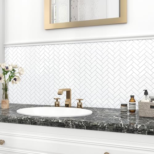 Wallderful Peel and Stick Backsplash Herringbone White 10 Sheet Peel and Stick Shower Tile Waterproof 3D Tile Sticker Glossy Self Adhesive Renter Friendly Backsplash Herringbone for Kitchen Bathroom Laundry Room - Image 5