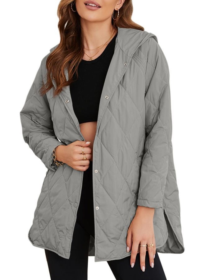 EVALESS Jackets for Women Quilted Jackets Long Sleeve Button Down Puffer Jacket Business Casual Clothes Fahshion 2023 Winter Coats Cute Solid Basic Jacket Shacket Gray Outfits with Pockets, Small - Image 1