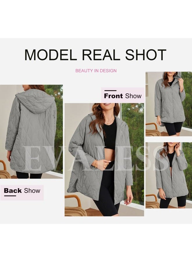 EVALESS Jackets for Women Quilted Jackets Long Sleeve Button Down Puffer Jacket Business Casual Clothes Fahshion 2023 Winter Coats Cute Solid Basic Jacket Shacket Gray Outfits with Pockets, Small - Image 5