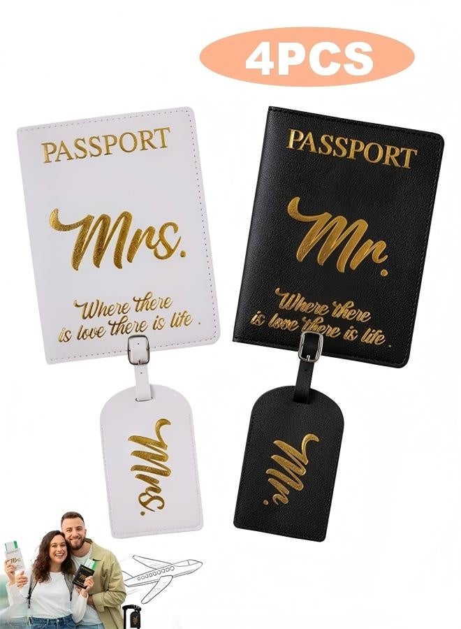 Passport Cover and Luggage Tag Set,PU Leather Passport Case Holder Travel Suitcase Tag,Bridal Shower Wedding Honeymoon Gifts for Couples (Black and White) - Image 1