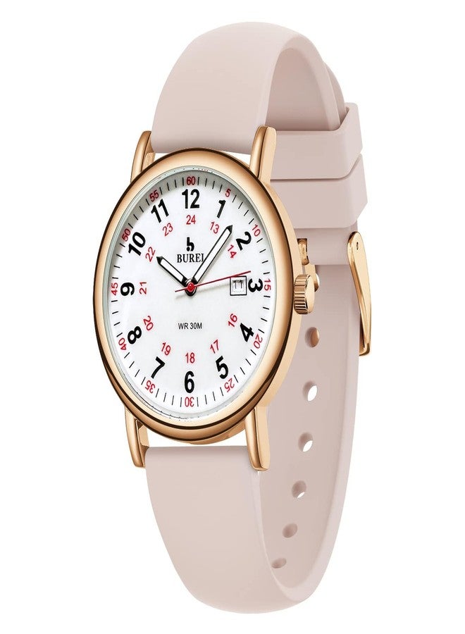 BUREI Nurse Wrist Watch for Nurse Medical Professionals Students Women Men, Waterproof 12/24 Hour Military Time Luminouse Easy Read Dial,Colorful Silicone Band (White/Gold/Pink) - Image 1