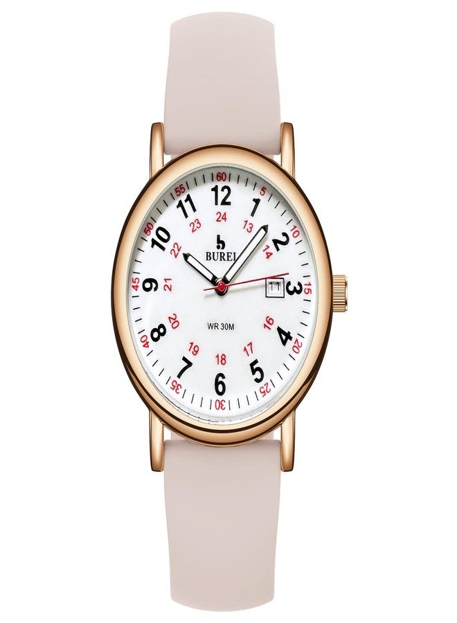 BUREI Nurse Wrist Watch for Nurse Medical Professionals Students Women Men, Waterproof 12/24 Hour Military Time Luminouse Easy Read Dial,Colorful Silicone Band (White/Gold/Pink) - Image 2