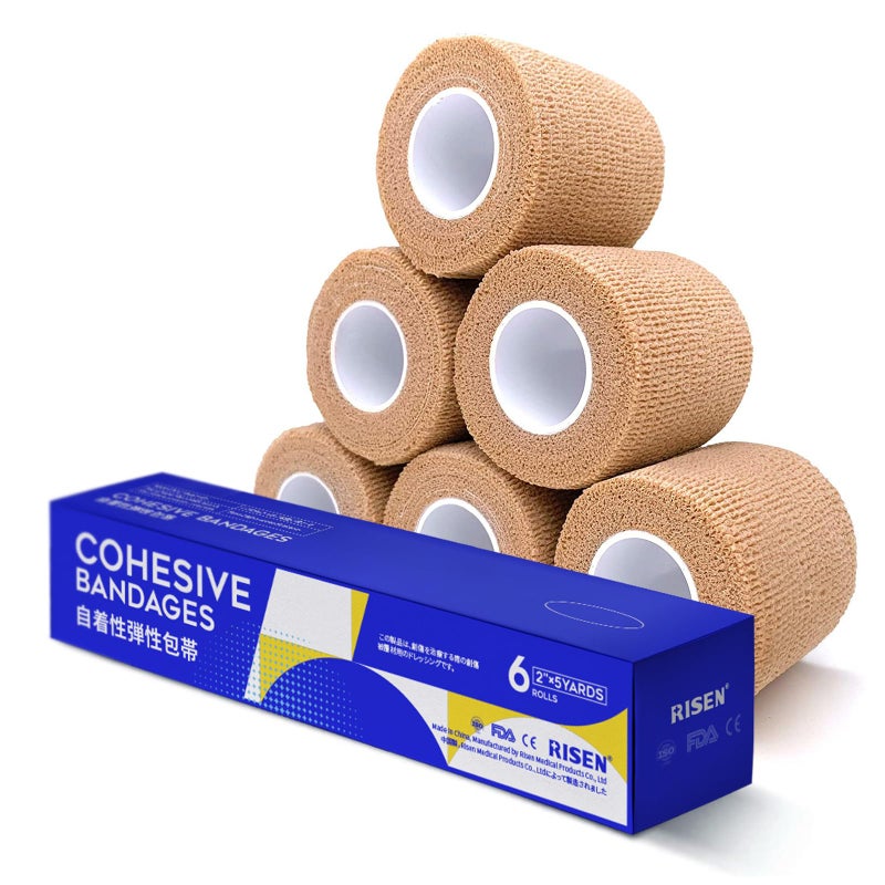 RISEN Cohesive Bandage 2â€ x 5 Yards, 6 Rolls, Self Adherent Wrap Medical Tape, Adhesive Flexible Breathable First Aid Gauze Ideal for Stretch Athletic - Image 1