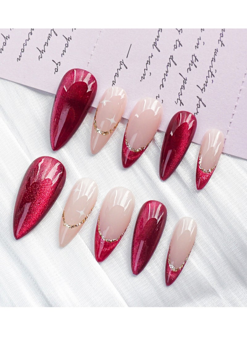 Artist Design/Festive Elegance Red French (Handmade)/Press On nails/Luxury Hand Painted/Long Almond/10 PCS/M Size - Image 1