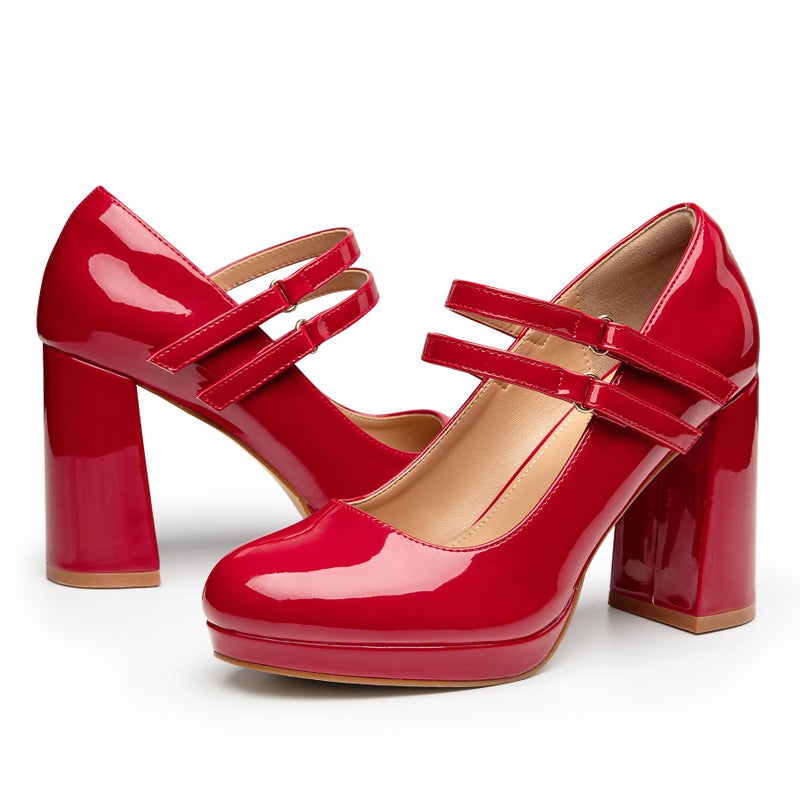 Trary Red Heels for Women, Mary Jane Shoes Platform Chunky Block High Heels with Buckle Strap Comfortable Dress Pumps for Office Party Casual Round Toe Pumps Shoes, Size 7 - Image 1