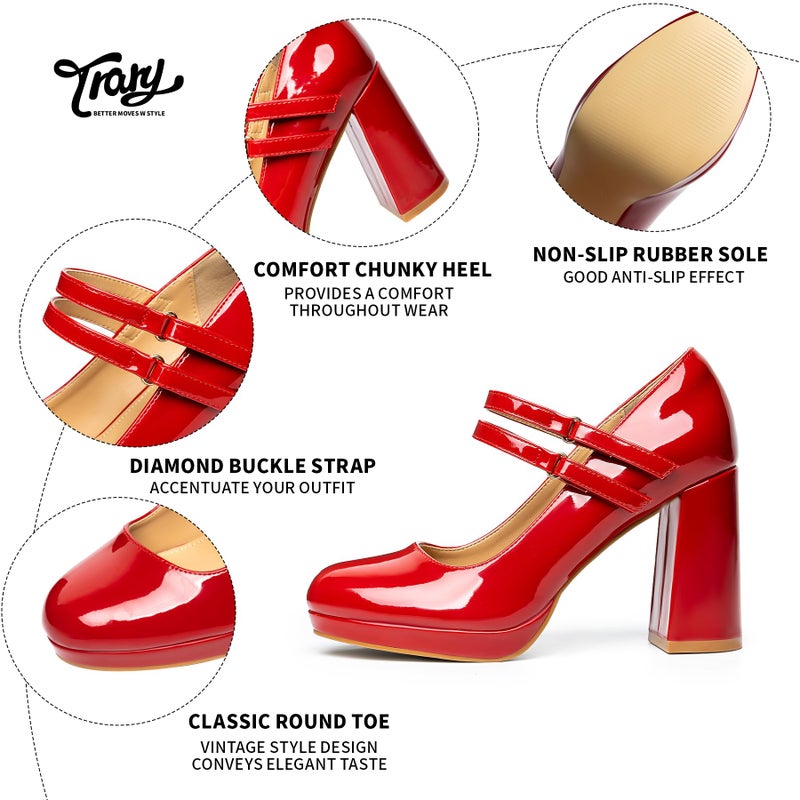 Trary Red Heels for Women, Mary Jane Shoes Platform Chunky Block High Heels with Buckle Strap Comfortable Dress Pumps for Office Party Casual Round Toe Pumps Shoes, Size 7 - Image 5