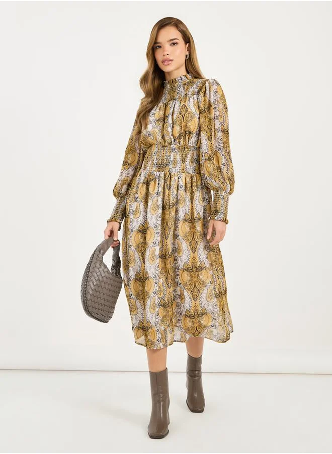 Styli All Over Print Balloon Sleeves A-Line Midi Dress