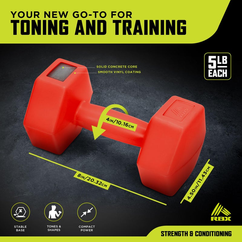 RBX 5LB Hexagonal Dumbbell Set, Roll-Proof Vinyl-Coated Weights, Easy Grip, Ideal for Upper Body Toning, Travel Friendly, Great for All Fitness Levels Red - Image 2