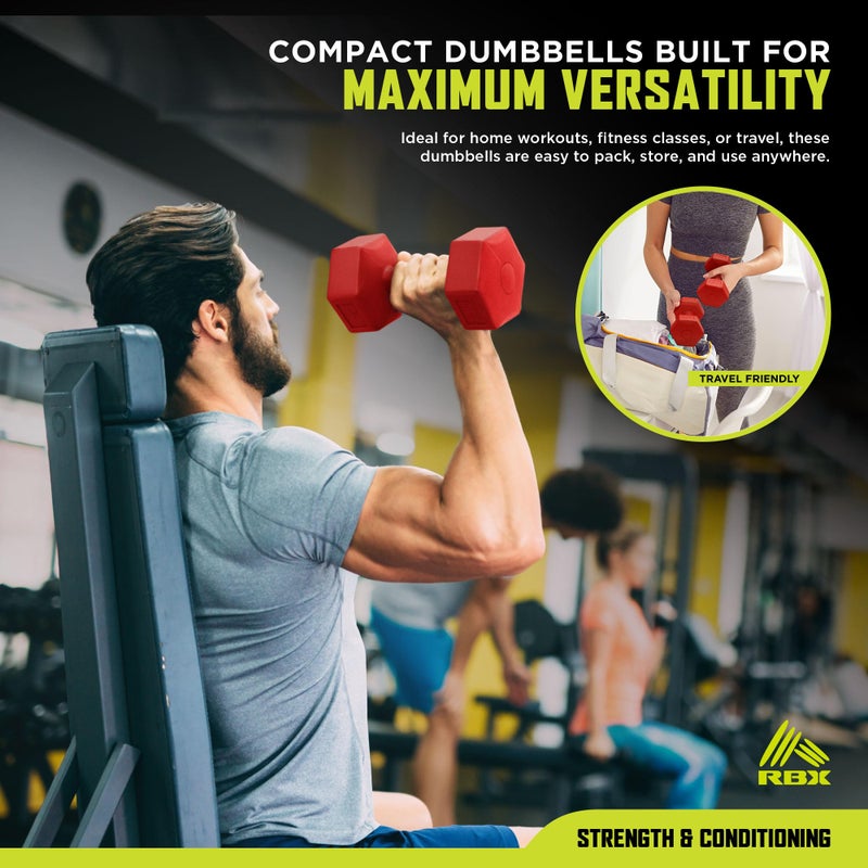 RBX 5LB Hexagonal Dumbbell Set, Roll-Proof Vinyl-Coated Weights, Easy Grip, Ideal for Upper Body Toning, Travel Friendly, Great for All Fitness Levels Red - Image 5