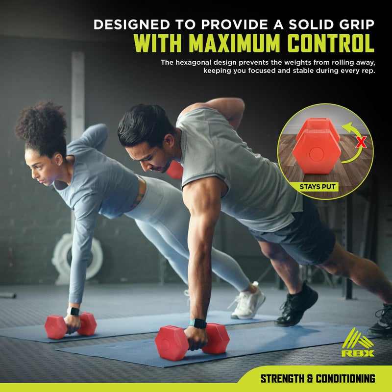 RBX 5LB Hexagonal Dumbbell Set, Roll-Proof Vinyl-Coated Weights, Easy Grip, Ideal for Upper Body Toning, Travel Friendly, Great for All Fitness Levels Red - Image 3