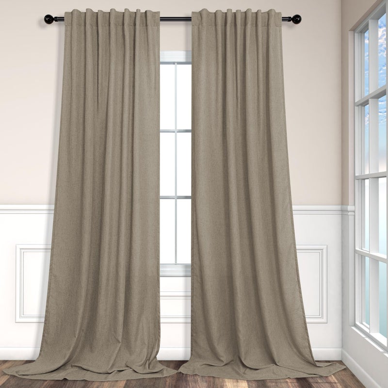 Pitalk Back Tab Linen Curtains 96 inches Long 2 Panels Set for Living Room Sliding Glass Door Dark Taupe Semi Sheer Curtains Light Filtering Canvas Cloth Linen Drapes 96 inch Floor to Ceiling Length - Image 1