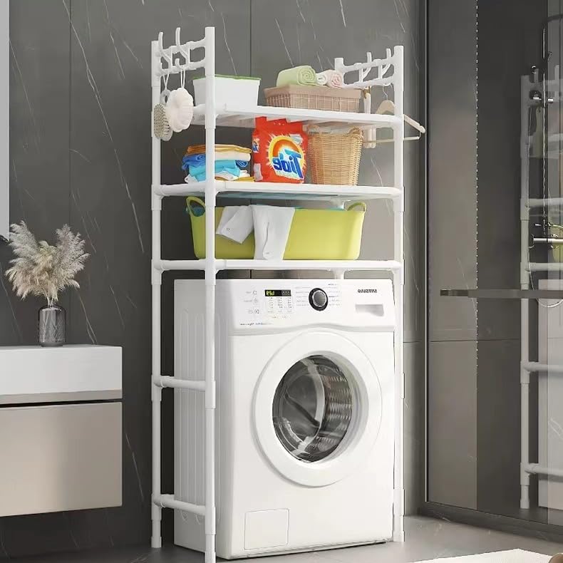 Ketumal Ketumal 3 Tier Washing Machine Storage Rack Expandable Space Saver Washer Stand Liquid Soap Shampoo Storage for Laundry Room Wash Basin Floor Stand Bathroom Organizer White  - Image 1