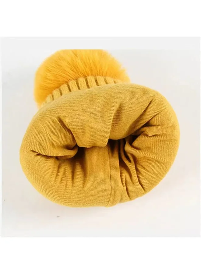 LITTLE SURPRISE BOX Yellow Bear woven Stretchable Woolen Winter Cap for Kids with Matching Neck Muffler Set (3-10yrs)