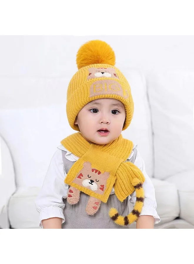 LITTLE SURPRISE BOX Yellow Bear woven Stretchable Woolen Winter Cap for Kids with Matching Neck Muffler Set (3-10yrs)